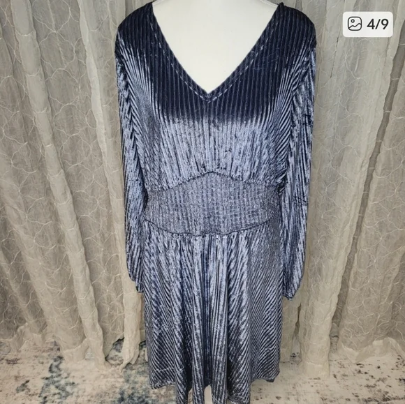 Zeagoo Vevlvet Metallic Light Blue Long Sleeve V neck Mini Dress Smocked Waist - Picture 4 of 9